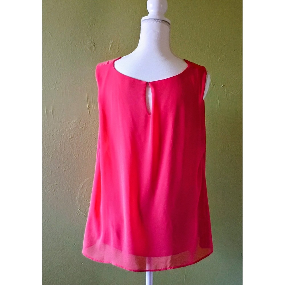 Ethereal Coral Pink Sheer Parisian Chic Blouse XL Pleated Front Keyhole Back - Picture 3 of 4